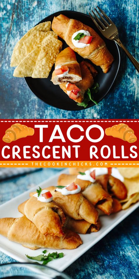 Using only 4 ingredients, these Taco Crescent Rolls are perfect for quick weeknight dinners or as a game-day appetizer. Taco seasoned ground beef combined with your favorite salsa, stuffed inside a crescent roll! Add your favorite taco toppings and make these your own! Taco Stuffed Crescent Rolls, Taco With Crescent Rolls, Mexican Finger Foods Parties, Taco Ring With Crescent Rolls, Rolled Tacos Recipe, Taco Crescent Rolls, Crescent Roll Recipes Appetizers, Taco Ring, The Cookin Chicks