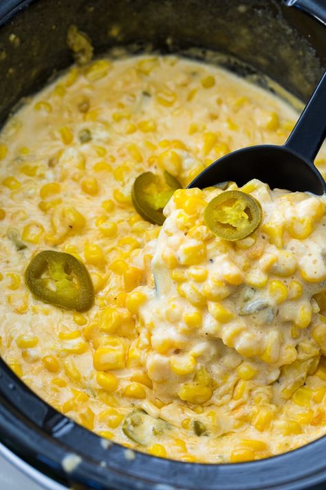 Slow Cooker Jalapeno Creamed Corn Jalepeno Creamed Corn Recipe Crockpot, Jalapeño Creamed Corn, Jalapeno Cream Corn Crockpot, Cream Cheese Corn Crockpot, Mexican Cream Corn, Jalapeño Cream Corn, Creamy Jalapeno Corn, Jalapeno Creamed Corn, Cream Corn Crockpot