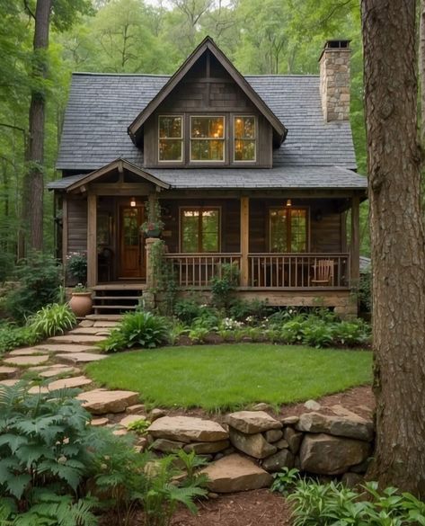 Dream House Aesthetic, Cabin Fireplace, Tiny House Luxury, Woodland Cottage, Cabin Exterior, Cottage Cabin, Timber House, Stone Cottage, Cabin In The Woods