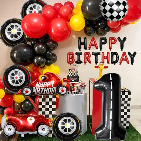 1st Birthday Party Ideas For Boys Theme Race Cars, Formula 1 Themed Birthday Party, Cars 1st Birthday Party Ideas, Cars Theme Birthday Party Decorations, Checkered Balloons, Fast Birthday Decorations, Racing Theme Birthday Party, Car Birthday Decorations, Birthday Boy Theme