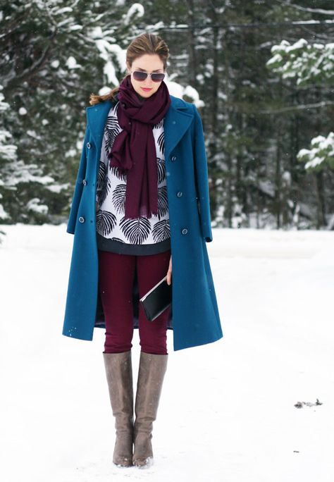 Turquoise and burgundy Teal And Burgundy Outfit, Teal Coat Outfit, Teal Burgundy, Turquoise Clothes, Maroon Pants, Burgundy Outfit, Burgundy Pants, Burgundy Jeans, Deep Winter