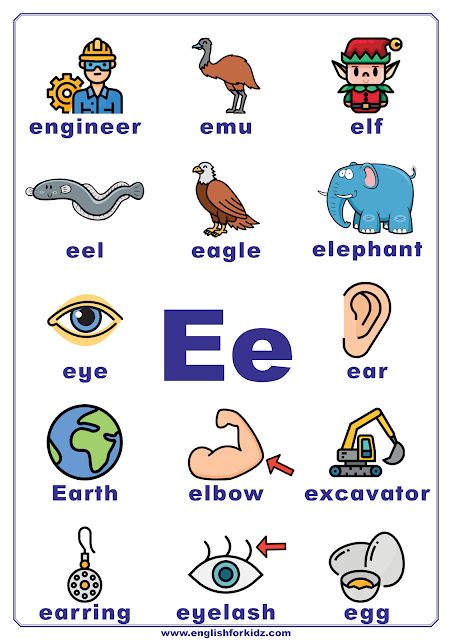 Alphabet Words Pictures, E Pictures Letter, A Words For Preschool, Words With Letter A, E Words For Kids, E Alphabet, E Letter, Alphabet E, Alphabet Worksheets Kindergarten