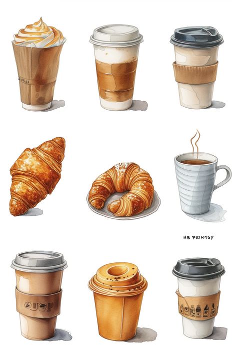 Coffee And Croissant Illustration, Cafe Food Illustration, Coffee Cute Wallpaper, Pastry Illustration Drawings, Art Cafe Aesthetic, Cafe Food Drawing, Cafe Board Design, Cafe Art Illustration, Café Drawing