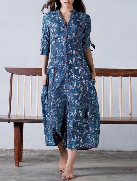 Buy Indigo Red Princess Line Button Down Natural Dyed Block Printed Cotton Dress /Jacket Online at Jaypore.com Indian Kurtis, Kalamkari Dresses, Red Princess, Cotton Kurtis, Kurta Patterns, Princess Line, Salwar Designs, Long Kurti Designs, Kurta Designs Women