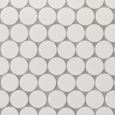 Mod White 2 in. Unglazed Porcelain Penny Mosaic Penny Mosaic, Penny Tile Floors, Penny Round Tiles, Penny Tile, Polished Porcelain Tiles, Round Tiles, Unglazed Porcelain, Backsplash Tile, Tile Pattern