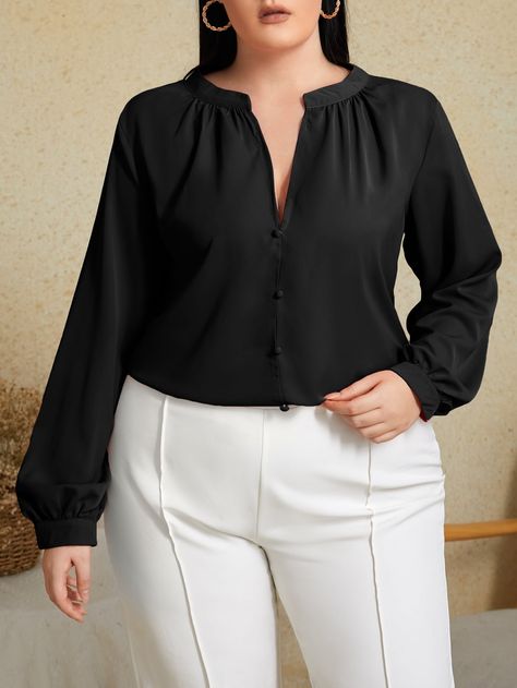 Black Elegant  Long Sleeve Polyester Plain Shirt Embellished Non-Stretch Spring/Fall Plus Size Tops Office Attire Women, Lantern Sleeved Blouses, Loose Fit Shirts, Plus Size Kleidung, Professional Outfits, Work Attire, Business Outfits, Plus Size Blouses, Casual Blouse