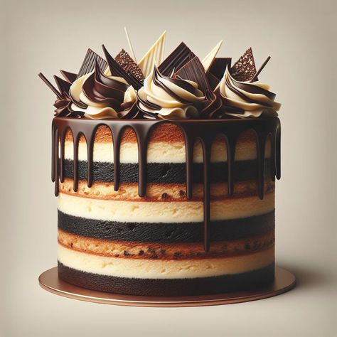 Close up shot of Costco Tuxedo cake, showcasing its different layers of chocolate and white cake, topped with dark and white chocolate ganache. Cake Layer Ideas, Fancy Layer Cakes, White And Chocolate Cake, Unique Layer Cakes, Chocolate Frosted Cake Decorating, Chocolate Buttercream Cake Designs, Chocolate Cake Tattoo, Chocolate Layer Cakes, Chocolate Cake Flavor Combinations