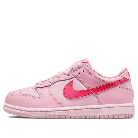 Introducing Nike Dunk Low PS 'Triple Pink': merging effortless fashion with comfort and sustainability. This shoe offers unparalleled style that'll suit any occasion. Its iconic pull tab, embroidered with the famed NIKE symbol adds extra flair to an already stunning design. Revamping classic aesthetics while ensuring functional line, the upper is constructed of white-based leather complemented by pink overlays made with recycled polyester material. The toe box is crafted out of white perforated Cute Shoes Dunks, Preppy Nike Dunks, Pink Panda Dunks, Costom Shoes, Triple Pink Dunks, Pink Dunks, Low Dunks, Nike Symbol, Pink Jordans