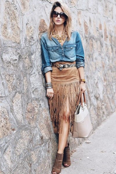 Fringe Skirt Outfit, Vestidos Country, Country Style Outfits, Looks Country, Fringe Fashion, Western Outfits Women, Boho Chic Outfits, Looks Street Style, Fringe Skirt