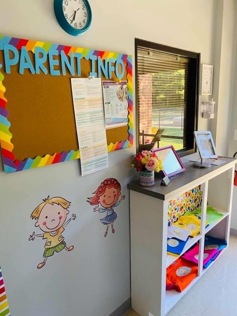 Daycare Office Decor Ideas, Childcare Entryway Ideas, Simple Home Daycare Setup, Daycare Sign In Station, Family Daycare Setup Home, Daycare Restroom Ideas, Daycare Stations Center Ideas, Preschool Entryway Ideas, After School Care Room Set Up