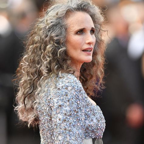 andie macdowell Hair Turning White, Hair Fan, Andie Macdowell, Grey Curly Hair, Gorgeous Gray Hair, Grey Hair Styles For Women, Colored Curly Hair, Transition To Gray Hair, Long Gray Hair