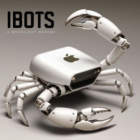 mechanical creation named “ibots” that takes inspiration from a crab’s form. The main body of the robot is crafted from the casing of an Apple product, as evidenced by the visible Apple logo. This detail suggests a repurposing of familiar technology into a new, imaginative form. All. the parts are glossy white. Crab Robot, Car Illust, Cyper Punk, Futuristic Inspiration, Crab Tattoo, Motion Graphics Design, The Robot, Robot Design, Robots Concept