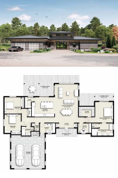 3bedroom Floor Plan, Large 3 Bedroom House Plans, 4 Bedroom House Designs Home Plans, 1 Floor House Design, 3 Bedroom Home Floor Plans, 4 Bedroom House Designs, Mid Century Modern House Plans, Modern House Floor Plans, Covered Porches