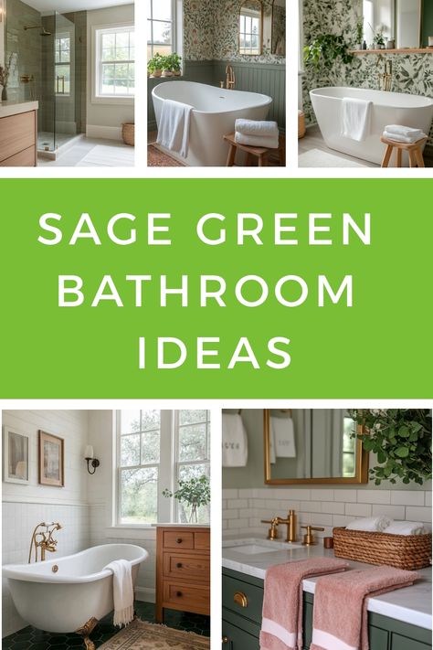 Collage of stylish bathrooms featuring sage green accents with modern fixtures and decor. Decor For Green Bathroom, Bathroom Sage Green Decor, Natural Green Bathroom, Green And Beige Bathroom Ideas, Small Bathroom Green Paint, Sage Green And Grey Bathroom, Sage Green And Pink Bathroom, Sage Green Bathroom Cabinets, Green Bathrooms Ideas