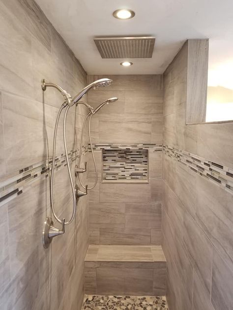 Double Shower Behind Wall, Master Shower Rainfall, Tiled Walk In Showers With Bench, Unique Bathroom Shower Ideas, Rainfall Shower With Bench, Two Shower Heads Walk In, Walk In Shower 2 Shower Heads, Master Shower With Two Shower Heads, Deep Walk In Shower