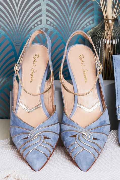 Looking for an elegant wedding shoe which also makes a statement? Meet our new slingback point! The front of the shoe is made up of interlocking dusky blue suede panels, which loop together in the centre. The intricate detail is highlighted with superfine gold leather binding. Made from beautiful dusky blue suede, Stephanie is a classic sling back with a twist. Perfect for mother of the bride or groom! #weddingshoes #bridalshoes #blueweddings #somethingblue #blueheels #weddingheels #bridalheels Gold Wedding Heels, Blue Wedding Heels, Closed Toe Wedding Shoes, Blue And Gold Wedding, Blue Bridal Shoes, Rachel Simpson, Elegant Wedding Shoes, Beautiful Wedding Shoes, Fancy Heels