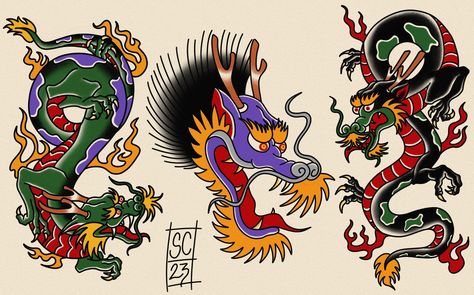 Traditional dragon tattoo flash design New School Dragon Tattoo, Traditional Dragon Tattoo Flash, Old School Dragon Tattoo, Desain Tattoo, Traditional Dragon Tattoo, Traditional Tattoo Dragon, Dragon Tattoo Drawing, Traditional Dragon, Tattoo Dragon