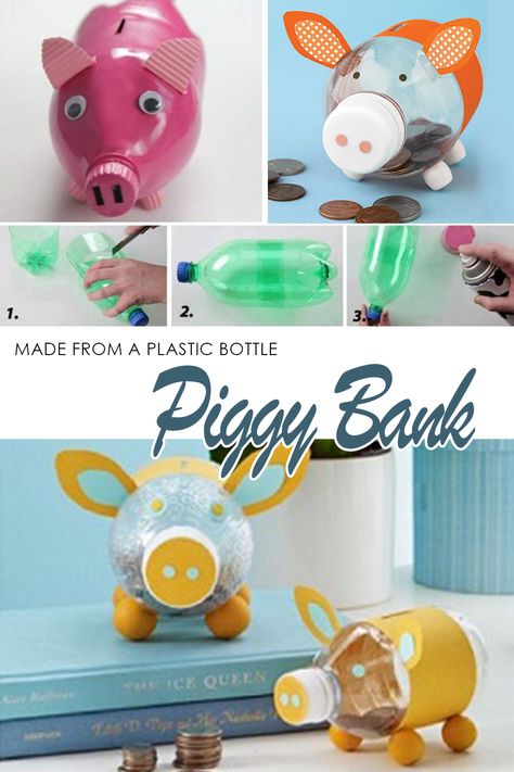 Made from a plastic bottle Piggy bank. Money, money, money! I have a really fun way for kids to keep track of their dimes and quarters today with our Water Bottle Piggy Banks Craft! How To Make A Piggy Bank Diy Ideas, Preschool Piggy Bank Craft, Bottle Piggy Bank Diy, Plastic Bottle Money Bank, Piggy Bank From Plastic Bottle, Piggy Bank Craft, Piggy Bank Diy, Bank Money, Diy Water Bottle