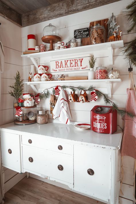 Christmas Bar Cabinet Decor, Christmas Baking Station, Christmas Kitchen Farmhouse, Hot Cocoa Bar At Home, Farmhouse Living Room Christmas Decor, Farmhouse Hot Cocoa Bar, Dry Bar Christmas Decor, Santa Christmas Decor Ideas, Country Christmas Kitchen Decor