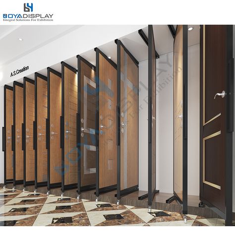 This display rack can be customized according to you need. Door Stand For Display, Door Showroom Design, Door Display Showroom, Tiles Showroom Display Ideas Interior Design, Hardware Showroom Display, Hardware Shop Interior Design, Door Showroom, Latest Door Designs, Door Stand