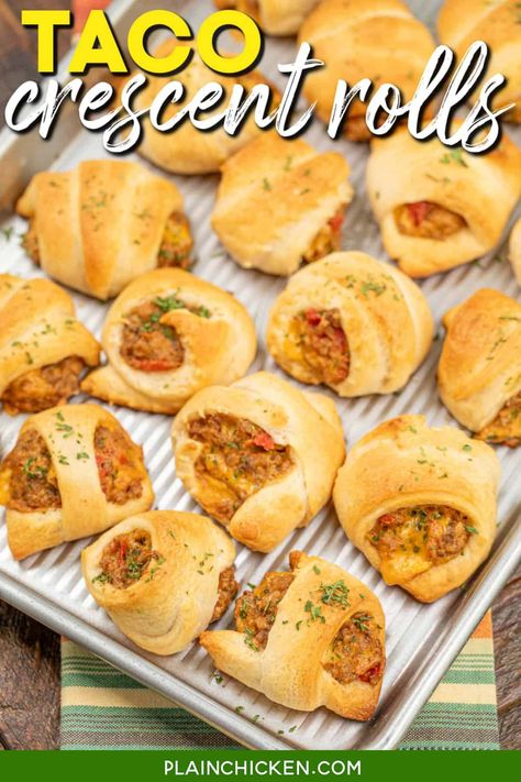 Taco Crescents (Only 5 Ingredients) - Plain Chicken Taco Crescent Rolls, Gameday Snacks, Taco Roll, Festive Holiday Desserts, Ranch Dipping Sauce, Crescent Recipes, Summer Hacks, Cheese Enchiladas, Southern Kitchen