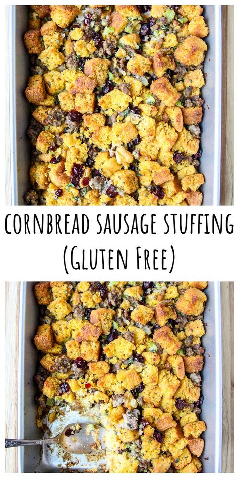 Gluten free Cornbread Sausage Stuffing in a baking pan. Gluten Free Cornbread Stuffing, Cornbread Stuffing With Sausage, Stuffing With Sausage, Gluten Free Stuffing Recipes, Thanksgiving Recipes Drinks, Gluten Free Cornbread Recipe, Andouille Sausage Recipes, Savory Cornbread, Sausage Cornbread Stuffing