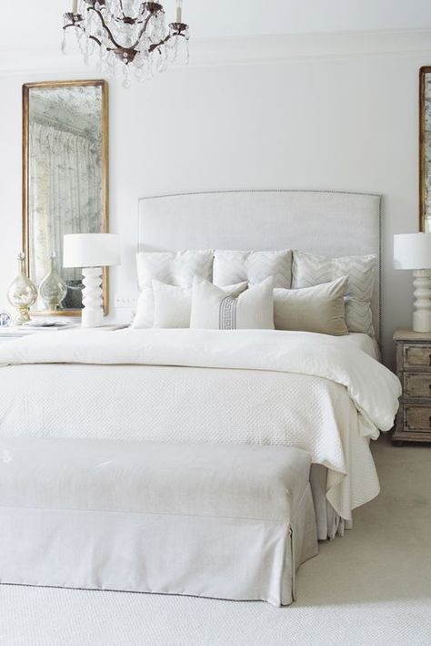 Bedroom With Upholstered Headboard, All White Bedroom, Transitional Bedroom, Bedroom Bliss, White Carpet, White Rooms, Master Bedrooms Decor, Decor Minimalist, White Bedroom