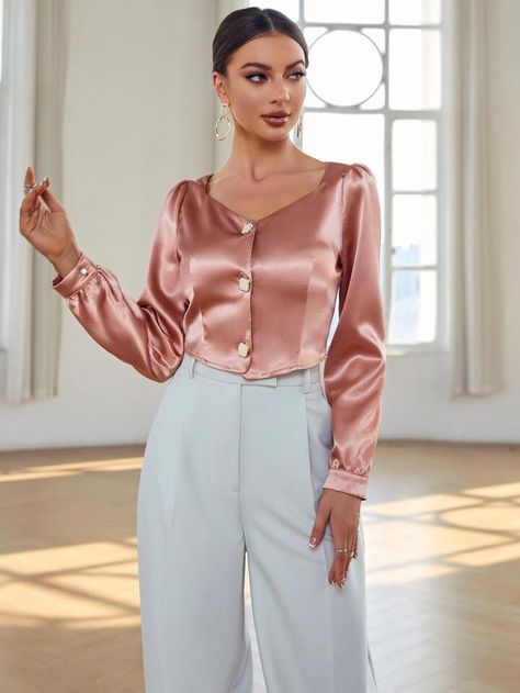 SHEIN Modely Sweetheart Neck Puff Sleeve Satin Blouse | SHEIN USA Satin Tops For Women Classy, Satin Sunday Top, Pink Satin Shirt Outfit Classy, Short Sleeve Satin Blouse, Silk Top Designs For Women, Pink Silk Top Outfit, Girly Tops Blouses, Satin Top Design, Satin Tops Blouses Long Sleeve