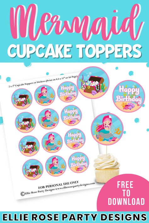 If you need more mermaid party ideas, these free printable mermaid cupcake toppers will be perfect for your dessert table! Add them to cupcakes, cakes or use as confetti! Free Printable Mermaid, Princess Party Cake, Mermaid Party Ideas, Mermaid Cupcake Toppers, Mermaid Cupcakes, 21st Party, Sea Birthday Party, Cupcake Toppers Printable, Mermaid Parties