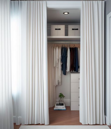 Alternatives To Closet Doors, Curtain For Closet Door Bedroom Ideas, Cover Closet Without Doors, Alternative Closet Door Ideas, Curtain Wardrobe Doors, Closets Without Doors Ideas, Closet Door Alternatives, Closet Door Alternative, Curtain Wardrobe