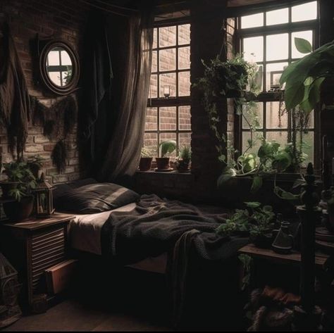 Dark Goth Bedroom Aesthetic, Dark Cottagecore House Bedroom, Dark Green Room With Wallpaper, Whimsi Goth Decor, Cozy Fantasy Bedroom, Earthy Goth Bedroom, Dark Cottage Core Room, Goth Cottagecore Bedroom, Swamp Bedroom