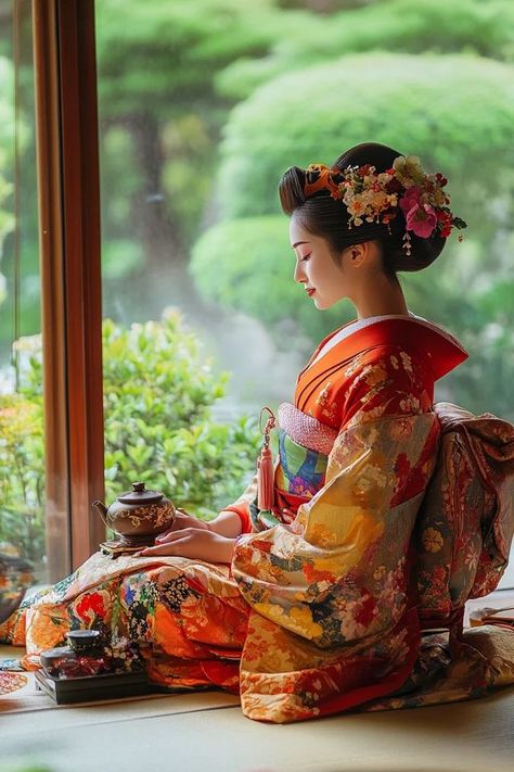 "Immerse yourself in Japanese culture by participating in a Traditional Tea Ceremony! 🍵🇯🇵 #JapaneseTeaCeremony #CulturalExperience #TravelJapan" Geisha Tea Ceremony, Traditional Japanese Tea Ceremony, Japanese Photoshoot, Reluctant Bride, Traditional Geisha, Tokyo Aesthetic, Traditional Tea, Vampire Romances, Japanese Art Prints