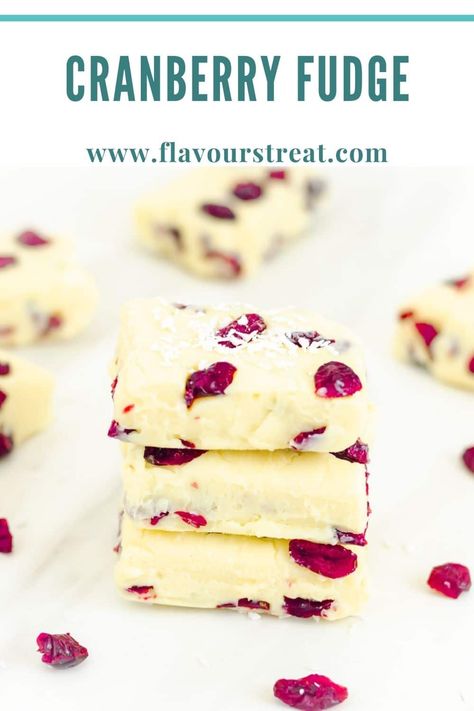 This delicious white chocolate cranberry fudge is an easy treat to put together quickly with just 4 ingredients. All you need is a bowl, microwave, spatula and a 9-inch baking dish. #whitechocolatefudge #cranberryrecipe #cranberryfudge #easyfudgerecipe #nobakerecipe #nobakefudge Cranberry Fudge Recipe, White Chocolate Cranberry Fudge, White Chocolate Fudge Recipes, Cranberry Fudge, Fudge Flavors, Chocolate Cranberry, White Chocolate Fudge, Homemade Recipes Dessert, Fudge Recipes Easy