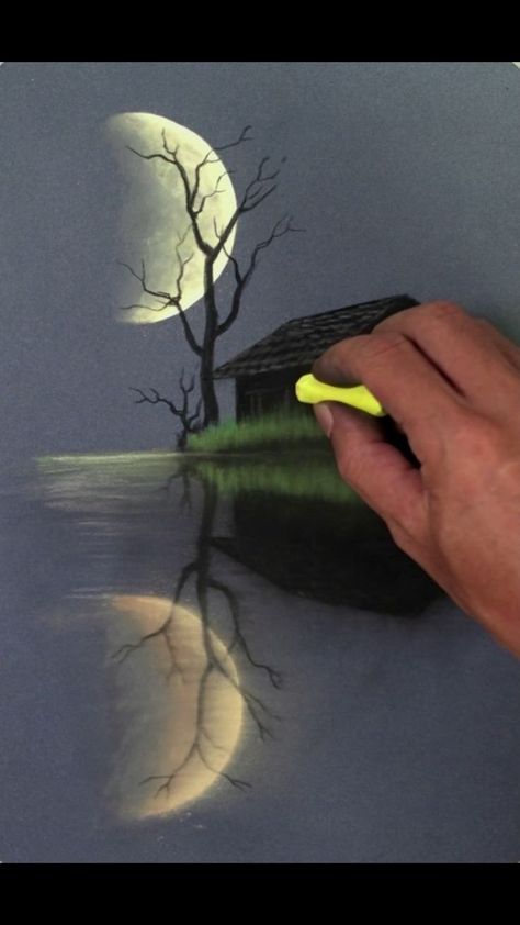 Chalk Pastel Drawings Easy, Soft Pastel Art On Black Paper, Reflection Painting Ideas, Chalk Pastels Art, Chalk Drawings On Paper, Chalk Pastel Art Ideas Easy, Soft Oil Pastel Art, Easy Oil Pastel Art For Beginners, Soft Pastel Art Beginners