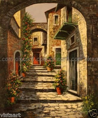 Cobblestone Alley. Artist: unknown. Painting Buildings, Stone Walkways, Village Cottage, Artists Painting, Art Paintings For Sale, House Landscape, Artist Paint, Spanish Style, Paintings For Sale