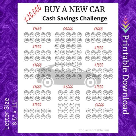 Buy A New Car Cash Savings Challenge Printable - Etsy Canada Car Savings Challenge, Car Saving, Buy A New Car, Cash Savings, Saving Methods, Saving Money Chart, Saving Tracker, Money Chart, Savings Challenge Printable