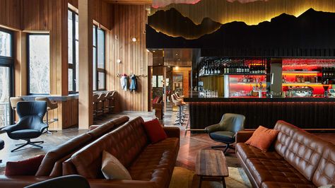 Channelling 1970s European-style interiors, this ski-in ski-out lodge serves whisky in the day spa and marshmallows for fireplace toasting. Ski Lodge Aesthetic Interior, 70s Ski Lodge, Ski Lodge Bar, Alpine Interior, Ski Lodge Aesthetic, Ski Lodge Style, Lodge Bar, Mountain Ideas, Ski Bar