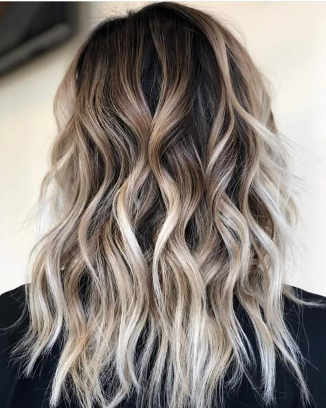 Deep roots, Icy Ends By @glamourby_melissa #bestofbalayage #showmethebalayage Partial Balayage Blonde Dark Roots, Dark Roots Blonde Hair Balayage Shoulder Length, Ashy Blonde Balayage Dark Roots, Cool Blonde Balayage Dark Roots, Trendy We Fryzurach, Brown Ombre Hair, Ombre Hair Blonde, Brunette Balayage, Deep Roots