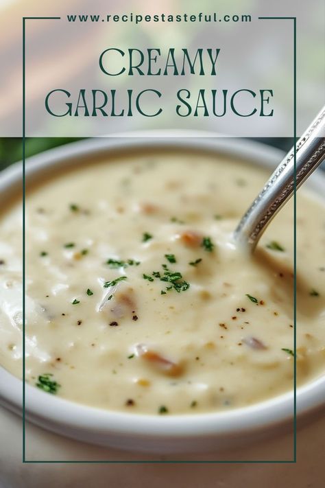 This rich and smooth Creamy Garlic Sauce is perfect for drizzling over pasta, roasted vegetables, chicken, or even as a delightful dipping sauce. Bursting with garlicky goodness, it's a versatile addition to any meal. Mexican Garlic Butter Sauce, Turkey Dipping Sauce, Easy Creamy Garlic Sauce, Creamy Garlic Pizza Sauce, Quick Sauce For Chicken, Garlic Sauce For Steak, Garlic Sauce For Pasta, Creamy Garlic Sauce Recipe, Creamy Garlic Butter Sauce