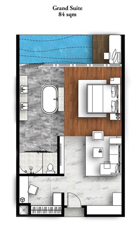 Modern Hotel Room Design, Master Suite Floor Plan, Suite Room Hotel, Hotel Room Plan, Hotel Room Design Plan, Small Apartment Plans, Bathroom Layout Plans, Budget House Plans, Resort Plan