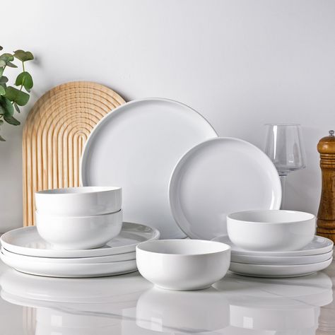 PRICES MAY VARY. 【WHAT'S IN THE BOX】This 12-piece ceramic dinnerware set includes 4pcs 10.5" dinner plates, 4pcs 8.25" salad plates, and 4pcs 6" (22 oz)soup/cereal bowls, making it a great set service for 4. Each set is carefully packed and inspected to ensure no way they would break en route. Once you have it, believe can't wait to use this at your next dinner party. 【EAT SAFTY】Our plates and bowls sets are made from natural materials and fired under 2300℉ high temperature for about 17 hours, e Cute Plates And Bowls, Stoneware Dinner Sets, Dinnerware Set Modern, Bowl Sets, White Dish, Plates And Bowls Set, Ceramic Dinnerware Set, Pattern Ceramic, Stoneware Dinnerware Sets