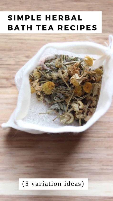 An overhead shot of dried chamomile flowers in a small muslin bag on a light countertop. Bath Tea Bags Diy Recipes, Tea Bag Bath Soak Diy, Diy Bath Tea, Tea Bag Bath Soak, Diy Herbal Bath Salts, Magical Bath, Relaxing Herbal Tea, Bath Tea Recipe, Linen Spray Recipe