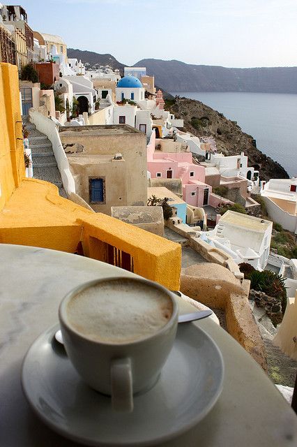 Καφεδάκι στη Σαντορίνη. Καλημέρα Έλληνες! Thira Santorini, A Cup Of Coffee, Santorini Greece, Coffee Cafe, Paros, Greece Travel, Greek Islands, Oh The Places Youll Go, Dream Destinations