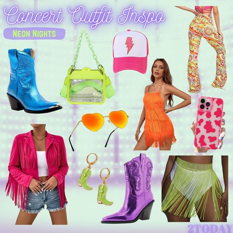 Neon Country Outfit, Neon Cowboy Outfit, Neon Cowgirl Outfit, Concert Outfit Inspiration, Neon Cowboy, Festival Outfit Ideas, Concert Outfit Inspo, Cowboy Outfit, Neon Nights