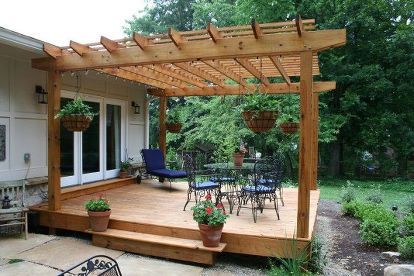 Pergola Modern, Ground Level Deck, Attached Pergola, Cement Patio, Patio Pergola, Building A Pergola, Pergola Attached To House, Pergola Design, Wooden Pergola