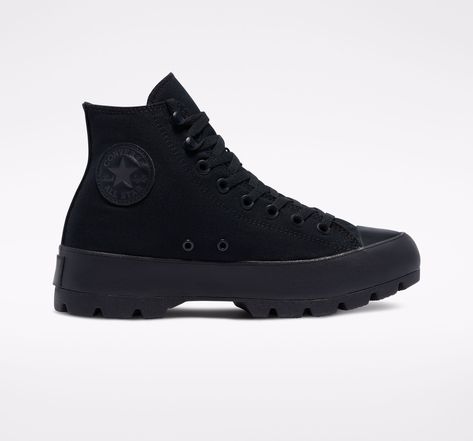 All black converse, high tops, "lugged" platform Platform Converse High Tops, Converse Platform High Top, Converse Chuck Taylor All Star Lugged, All Black Converse, Chuck Taylor All Star Lugged, All Star Lugged, Shoe Converse, Movie Outfits, Womens High Top Shoes