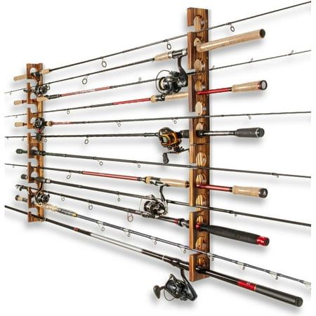 Ghosthorn Rod Rack can hold up to 12 rods or combos and can stores more in the same space than other brands, maximizing the use of your space and making storage tidy. It can be installed on the wall or ceiling and can be freely combined according to your needs. Size: 2 sets.  Color: Brown. Fishing Rod Decor, Storage For Fishing Poles, Fishing Pole Wall Decor, Fishing Room Organization, Fishing Rod Holders, Fishing Storage Ideas, Fishing Rod Stand, Fishing Pole Storage, Fishing Gear Storage