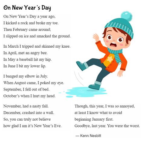 New funny poem for kids: "On New Year's Day" https://www.poetry4kids.com/poems/on-new-years-day/ #newyearpoem #newyear #happynewyear #poetry #children #kidlit New Years Poems For Kids, Poem For New Year, New Year Poems For Kids, Poems For Boys, Happy New Year Poem, Funny Poems For Kids, List Poem, Poetic Techniques, Poem For Kids