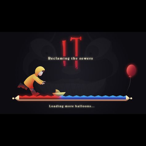 IT - Loading Screen by Iris VosMade for the dribbble Halloween design challenge. A loading screen inspired by the movie IT as if it were made into a game. Game Card Loading Format, Halloween Loading Screen Sims 4, Sims 4 Halloween Loading Screen, Game Loading Screen Design, Pixel Game Start Screen, Game Loading, The Movie It, Loading Screen, Bar Games