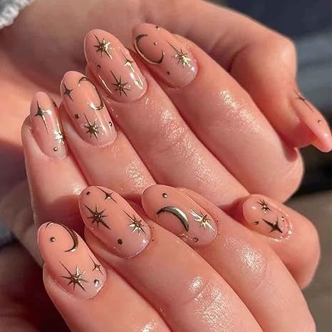 Amazon.com: Enppode Medium Press on Nails Nude Fake Nails Oval Nails for Women with Sun & Moon Design : Beauty & Personal Care Almond Nails With Stars, Sun And Moon Nail Art, Nails With Stars, Moon Nail Art, Glossy Nails, Black Almond Nails, Heart Nail Designs, Geometric Nail Art, Moon Nails